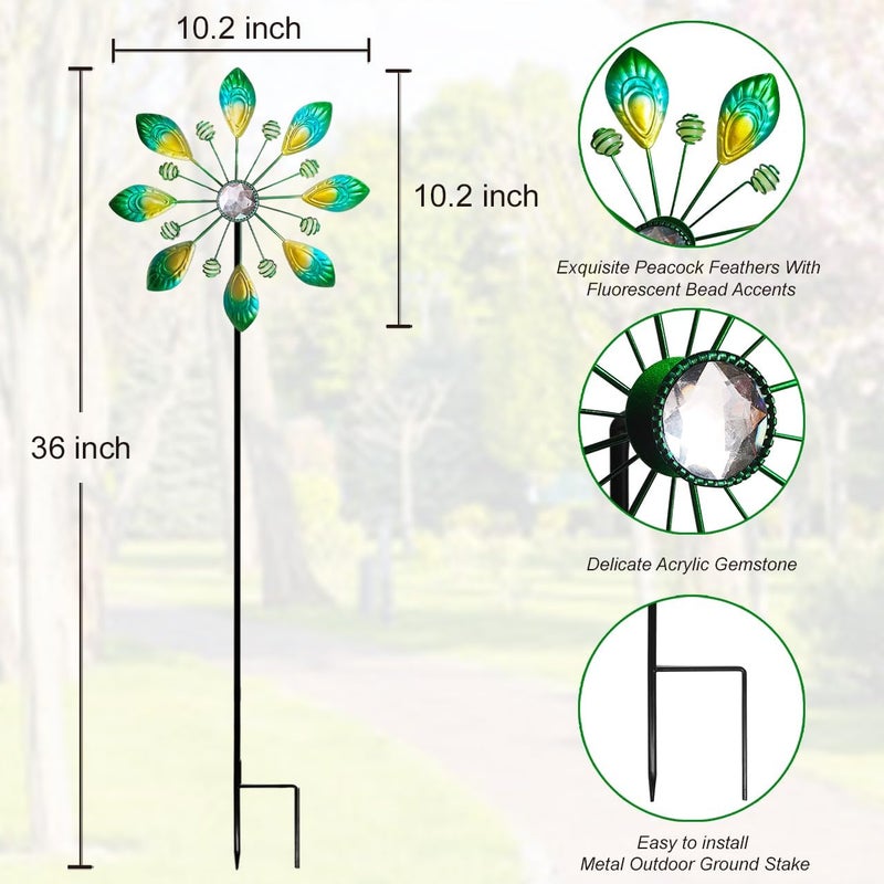 Senflame Metal Peacock Wind Spinner for Outdoor Garden Decor - 36 Inch Height Feather Wind Catcher with Stake, Lawn & Patio Art, Weather-Resistant Yar - Image 2